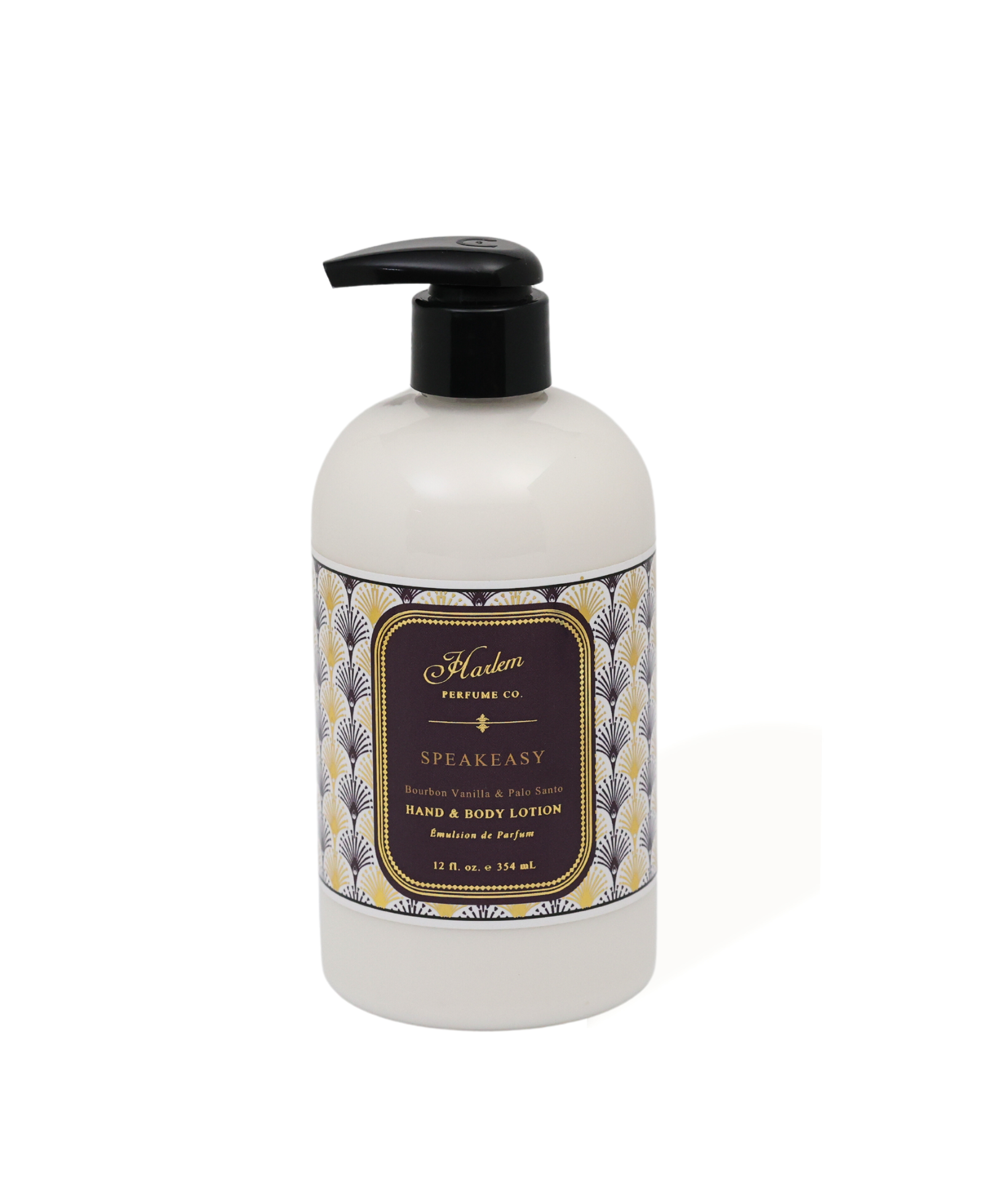 This is an image of our Speakeasy Lotion in a clear PET plastic bottle with a decorative label with an art deco pattern.