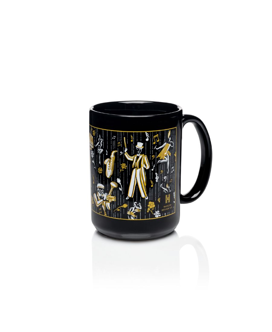 Blacl mug with Harlem Renaissance characters in white and gold depicted around the mug. 