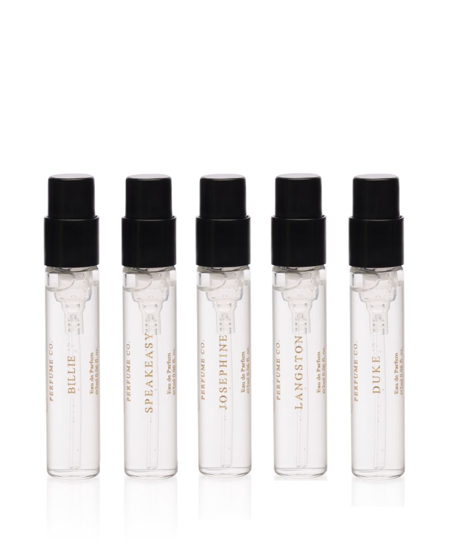 This is an image of the Billy, speakeasy, Josephine, Langston, and Duke to ML perfume samples on a white background.
