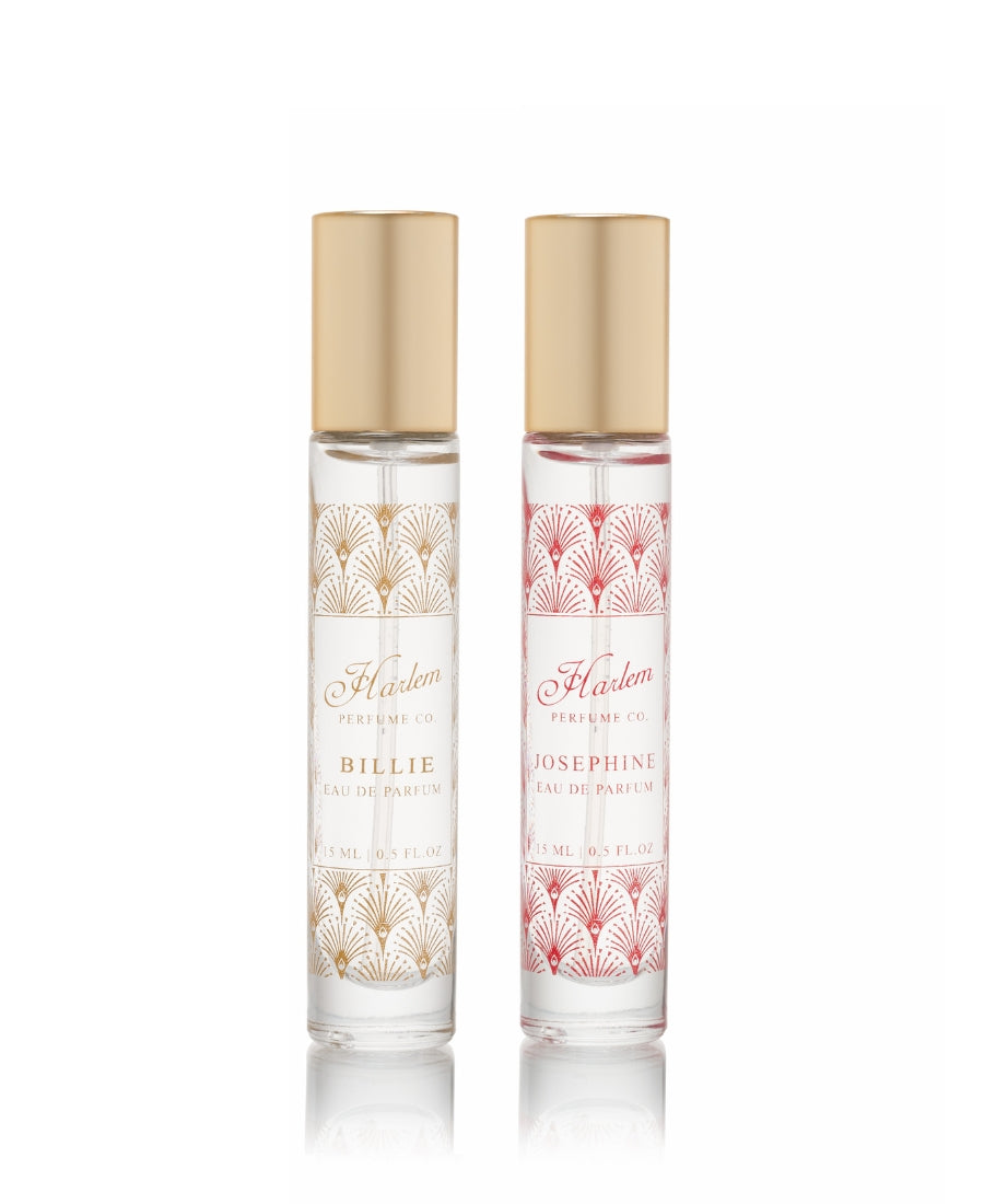 Two 15ml glass bottles of the perfumes Josephine (Red artwork) and Billie (Gold artwork). 