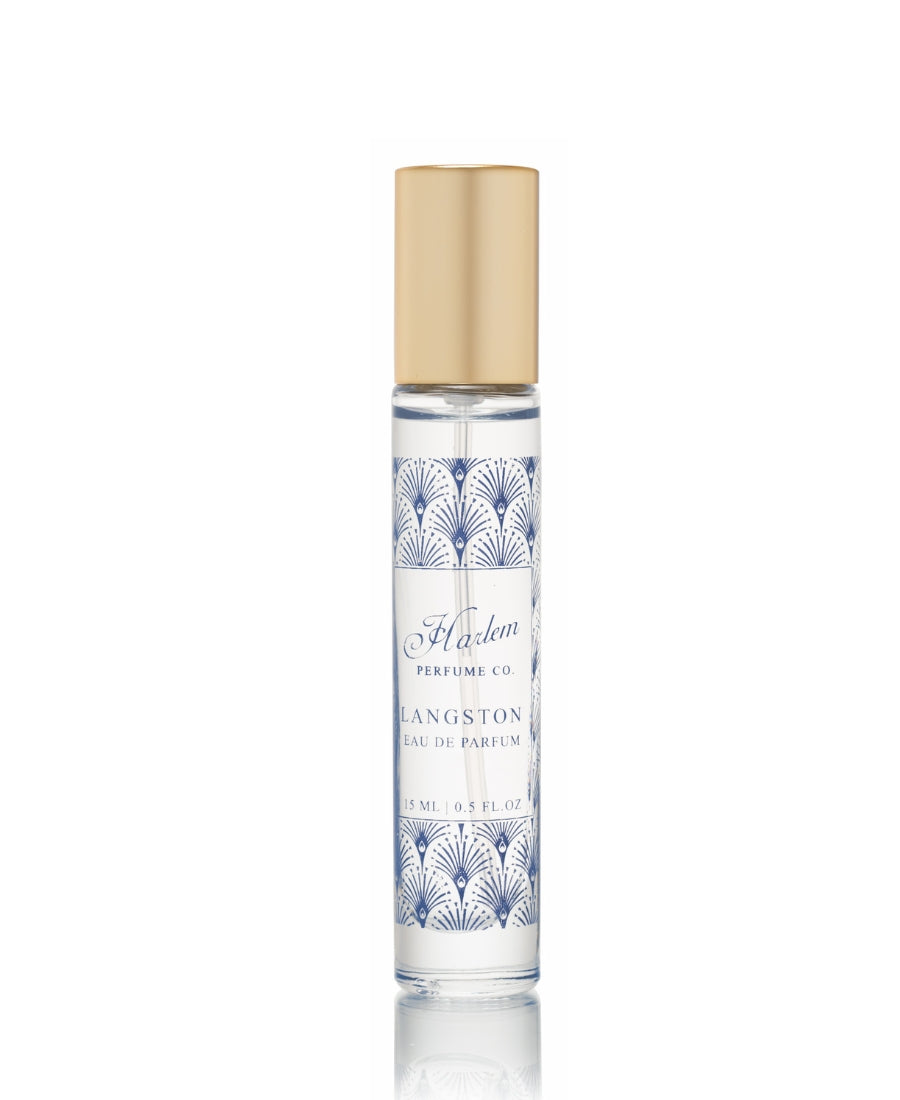 Langston 15ml glass perfume bottle with blue artwork.