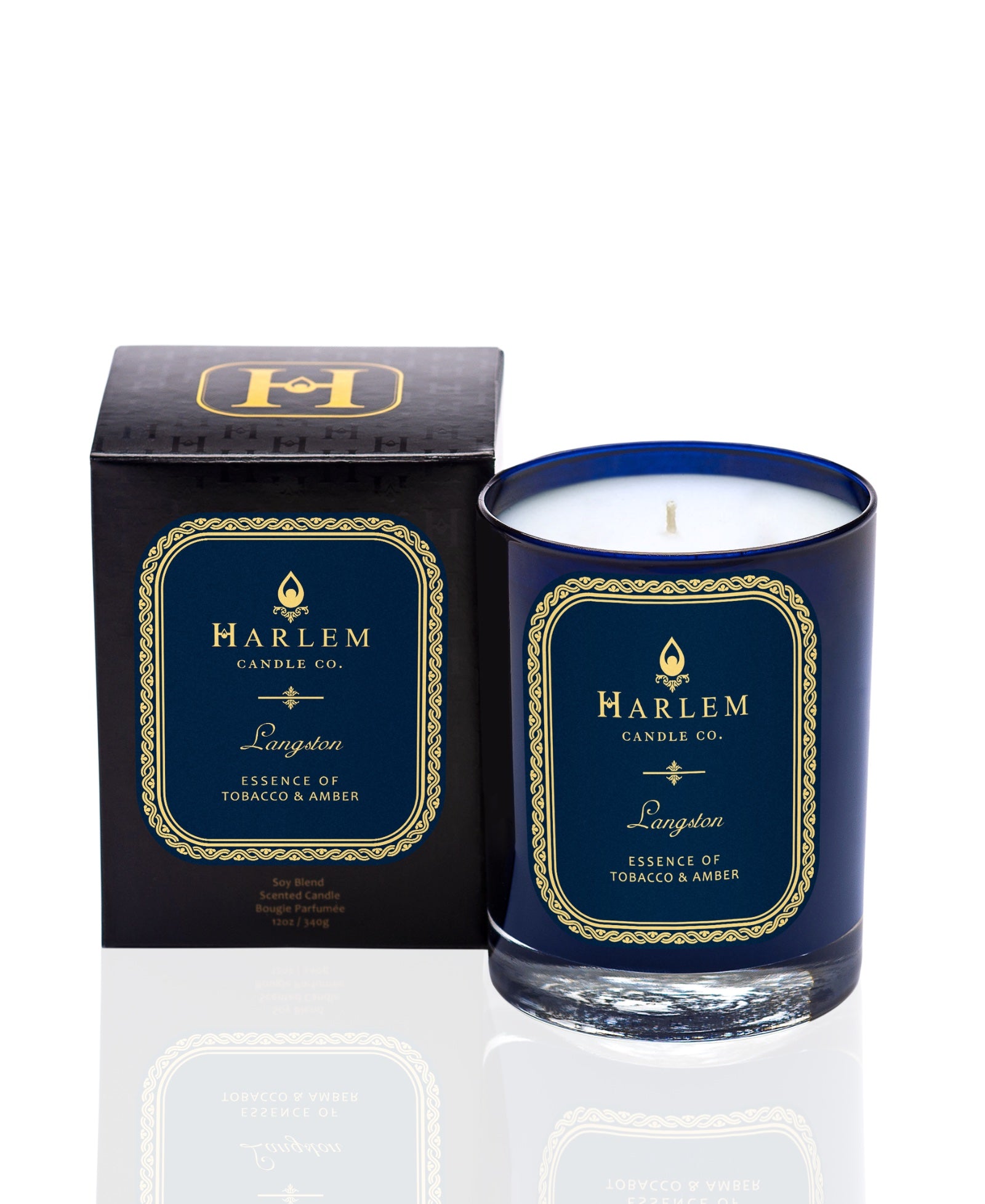 This is a photo of our blue 1 wick Langston candle featured next to its decorative box