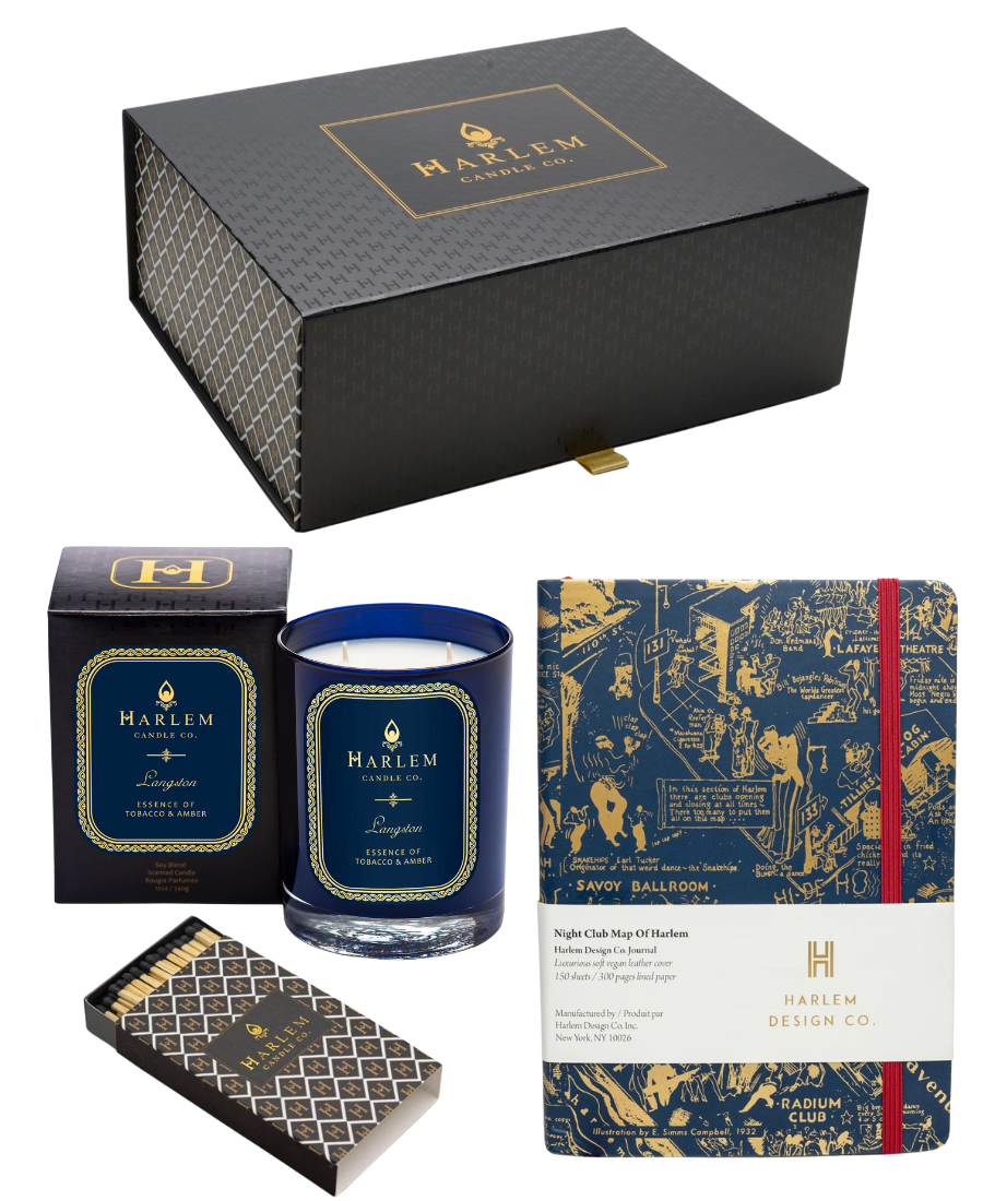 Langston Candle + Blue Journal + Black/White H Pattern Matches + Langston 2ml + Gift Box