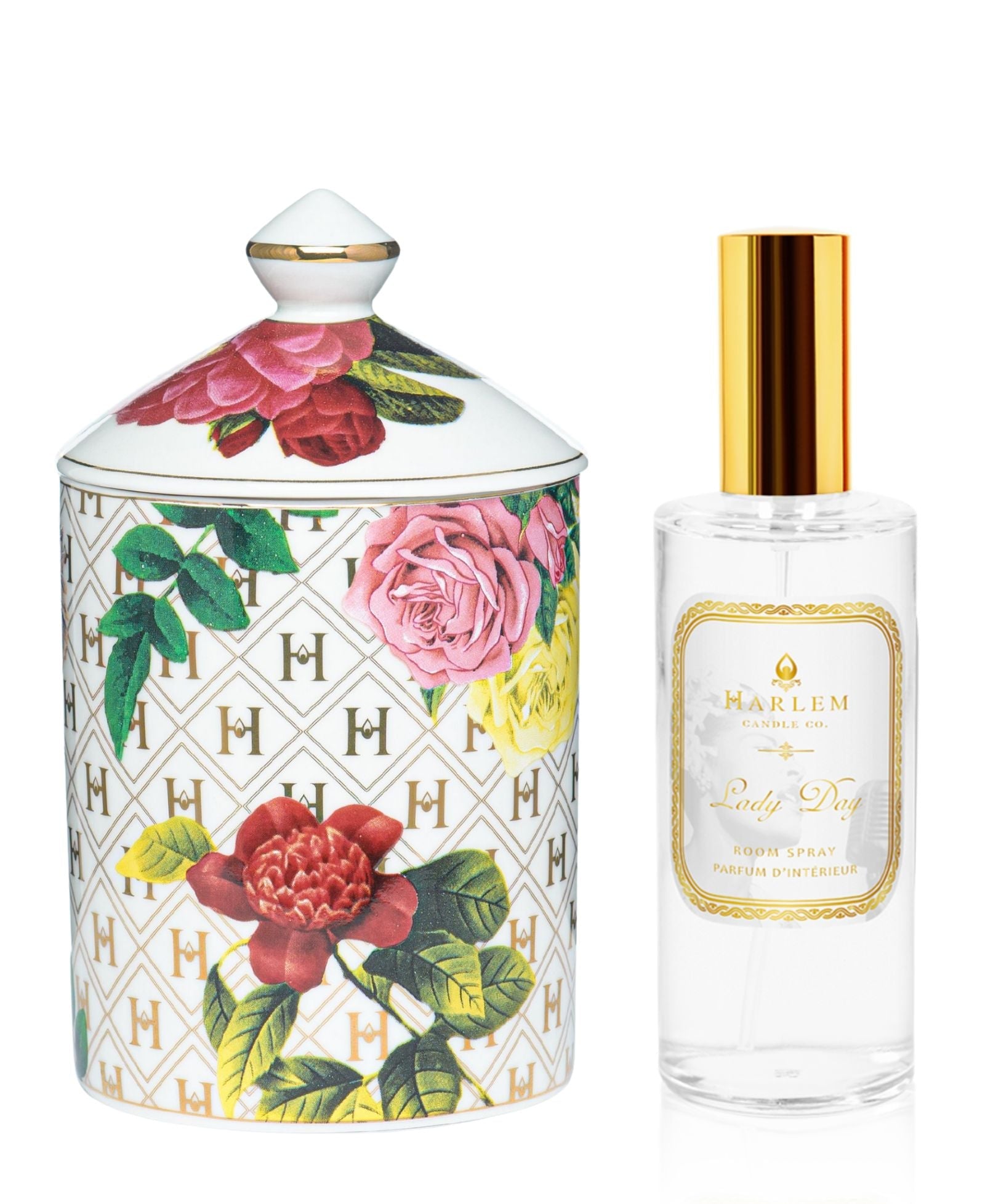 This is an image of our Lady Day Ceramic luxury candle paired with our Lady Day room and linen spray