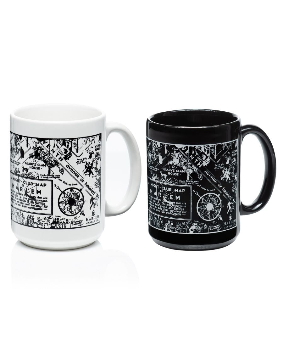 Two mugs, one White mug and one Black mug with a vintage map of Harlem design on both.
