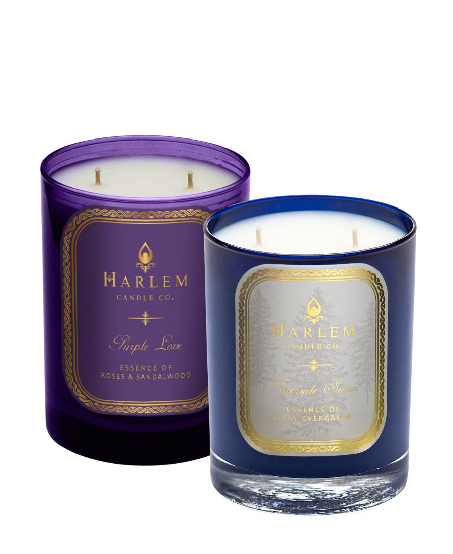 This is an image of our purple love and riverside snow candle against a white background.