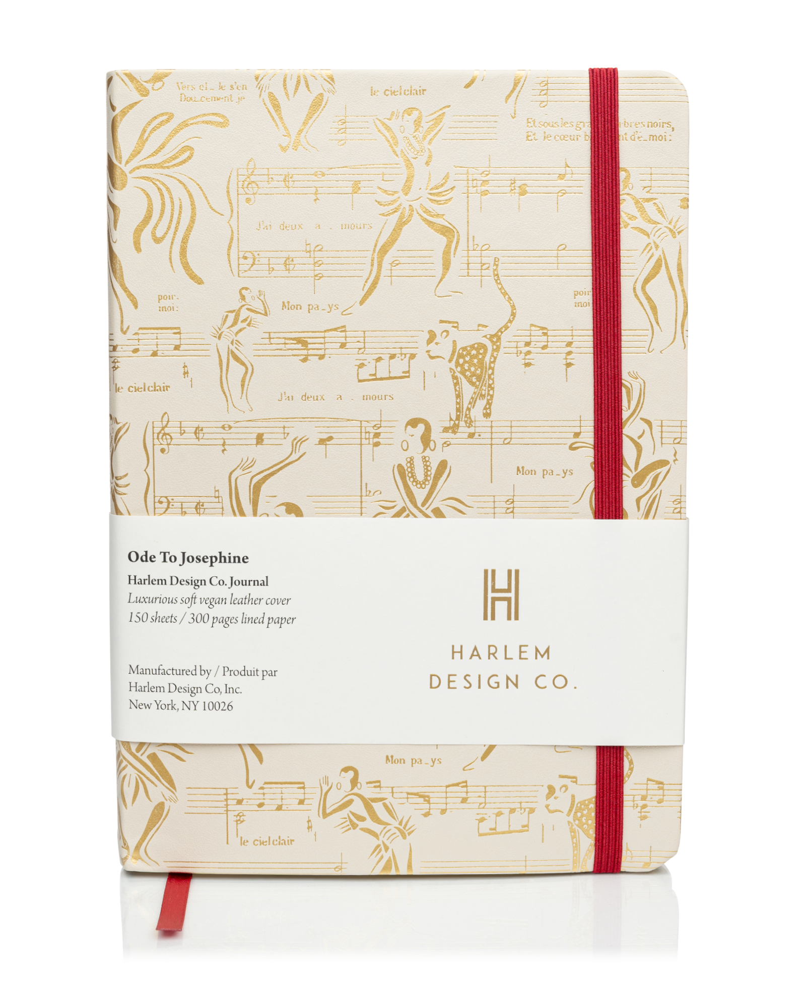 This is a product image of the Harlem Design Co Josephine journal in Cream and Gold.  This image has the product information sleeve on the outside.