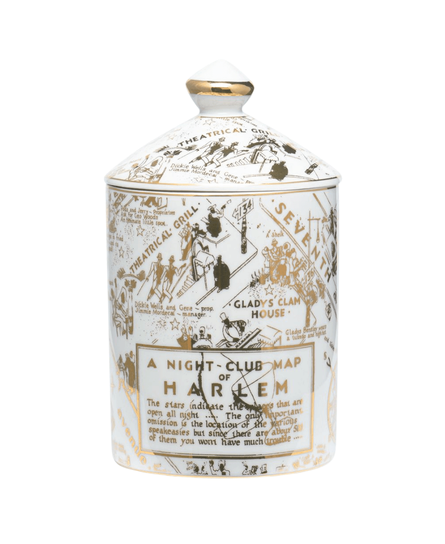 Image of the Speakeasy Ceramic gold candle with the Nightclub Map of Harlem