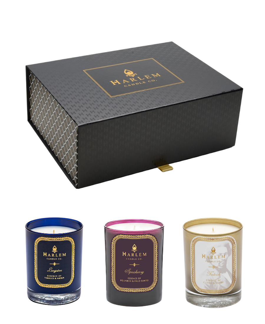 This product image of our Renaissance Man gift box featuring our Langston, Speakeasy and Frederick candles with 1 wick.