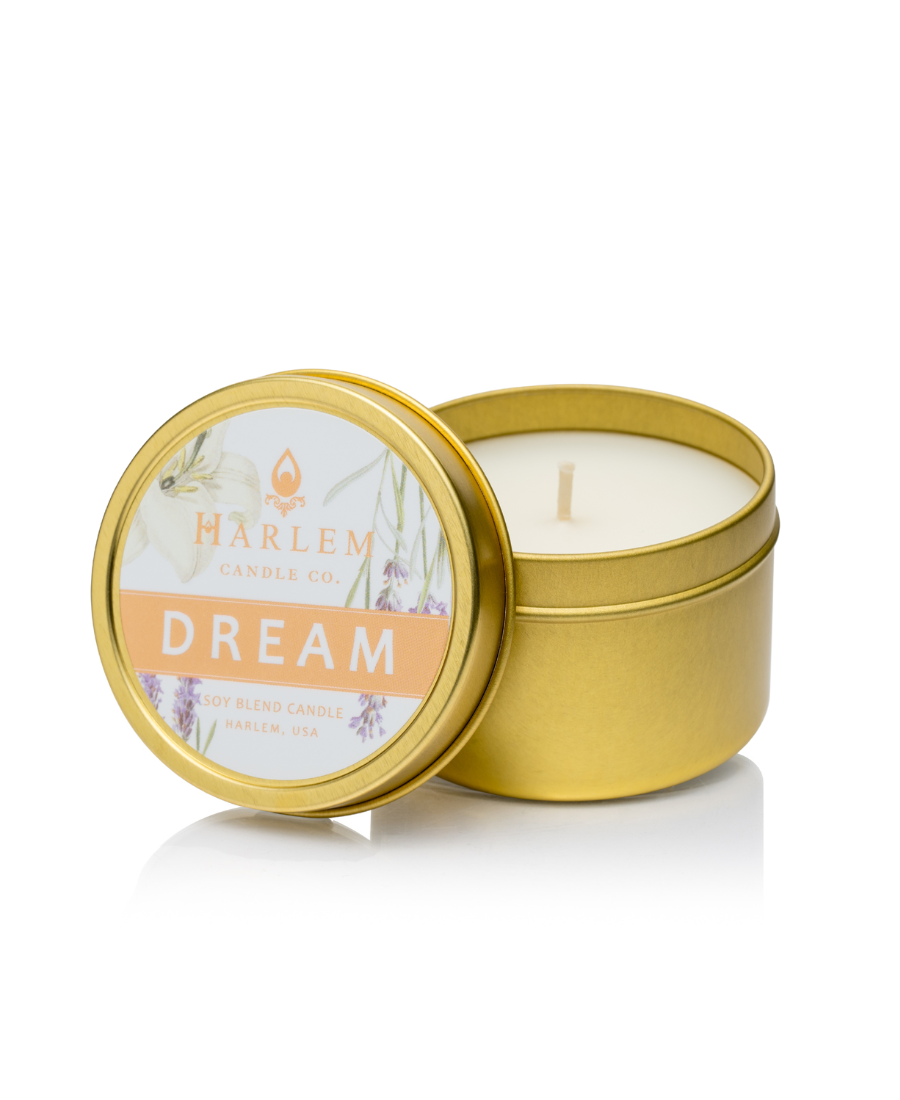 Our gorgeous Dream Candle beautifully displayed in a gold metal tin.