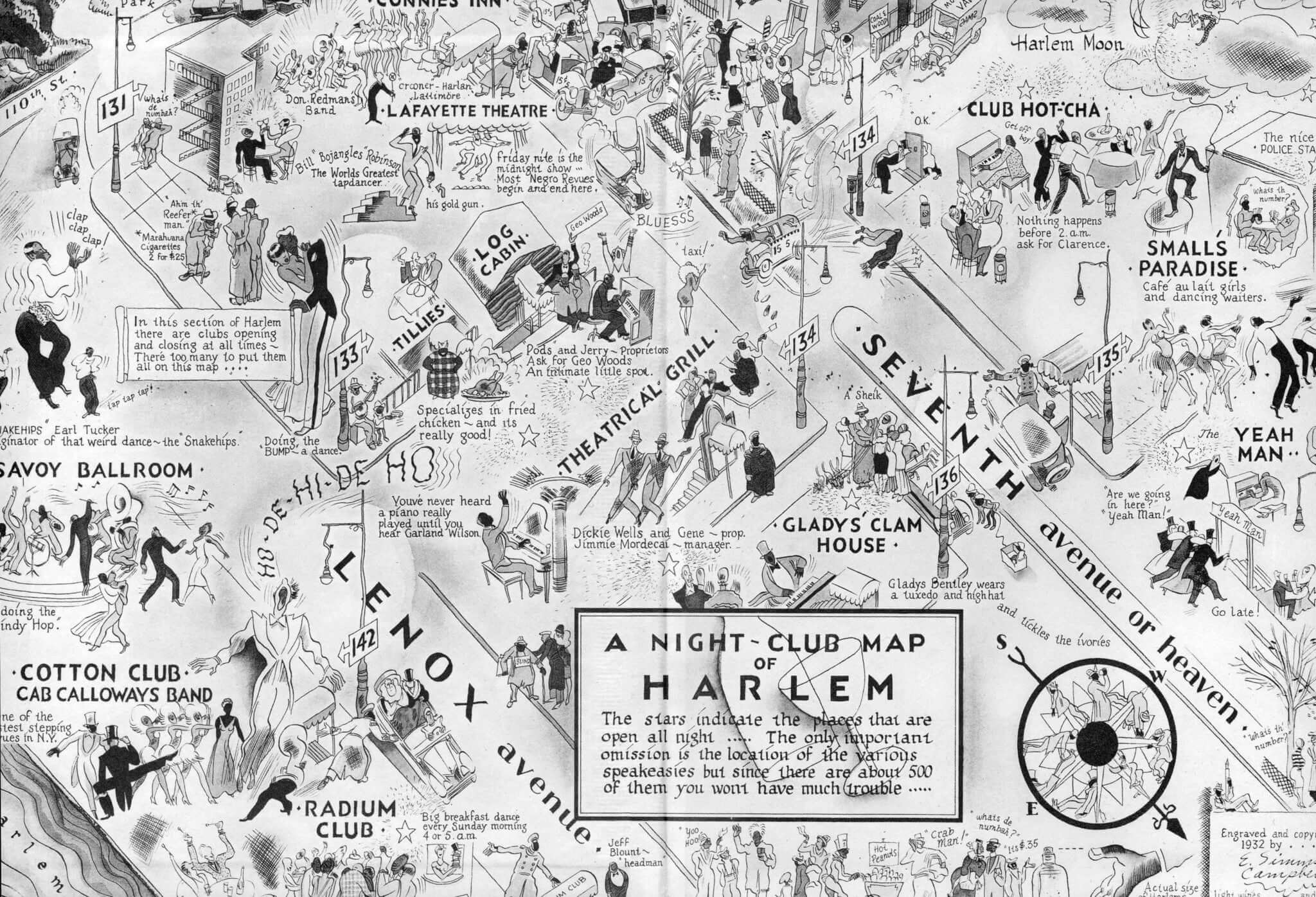 This is an illustration of the night club map of Harlem by artist E. Simms Campbell