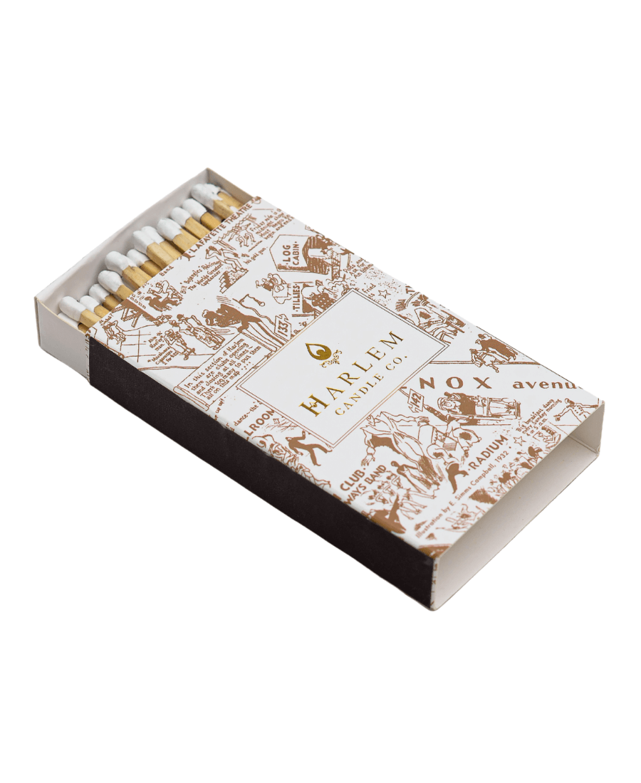 Our stunning 3 inch matches with white tips, encased in our white and gold nightclub map of Harlem match box.