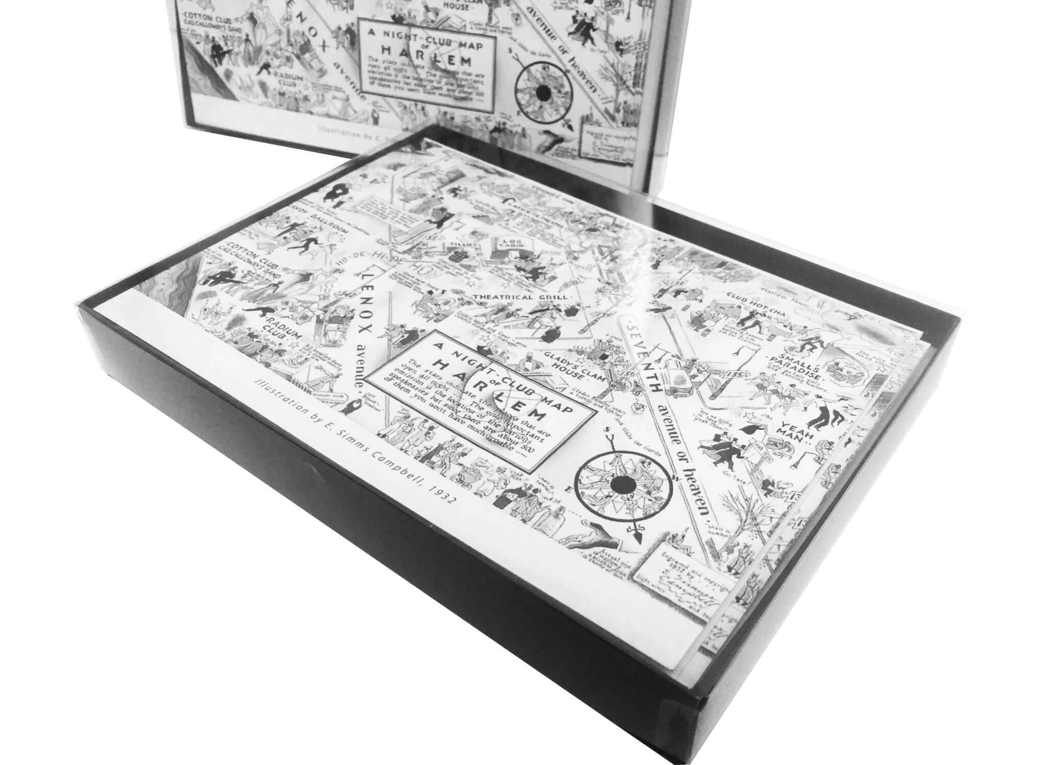 A box of our Night Club Map of Harlem Greeting cards in a black box with 10 cards inside.