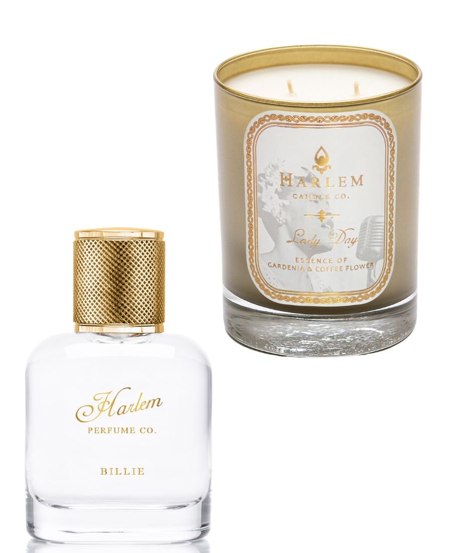 This is an image of our Billy Perfume next to our Lady Day candle for our gardenia, bundle product image.