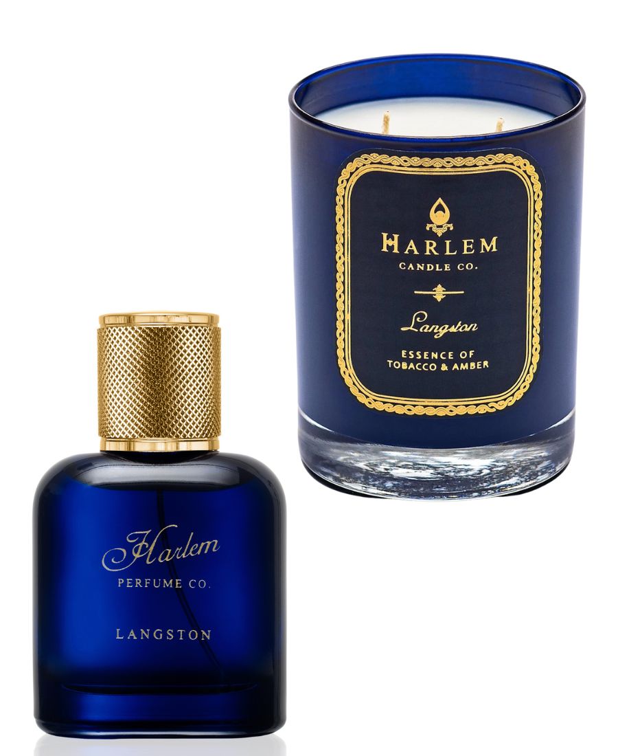 This is an image of our 1.7 oz Langston perfume in a blue bottle with gold cap and our 11 oz Langston candle in a blue glass with blue and gold label.