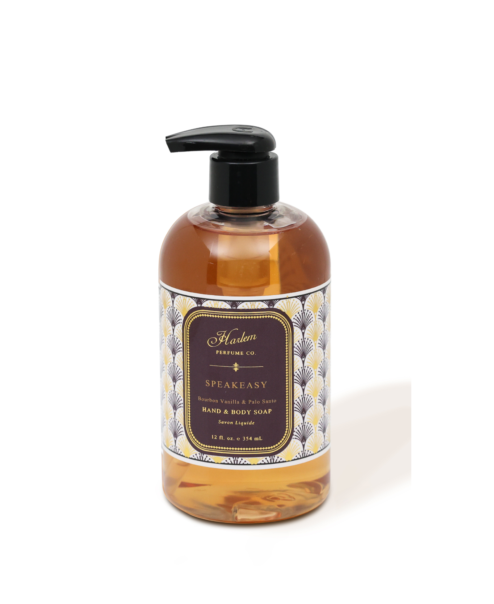 This is an image of our Speakeasy Soap in a clear PET plastic bottle with a decorative label with an art deco pattern.