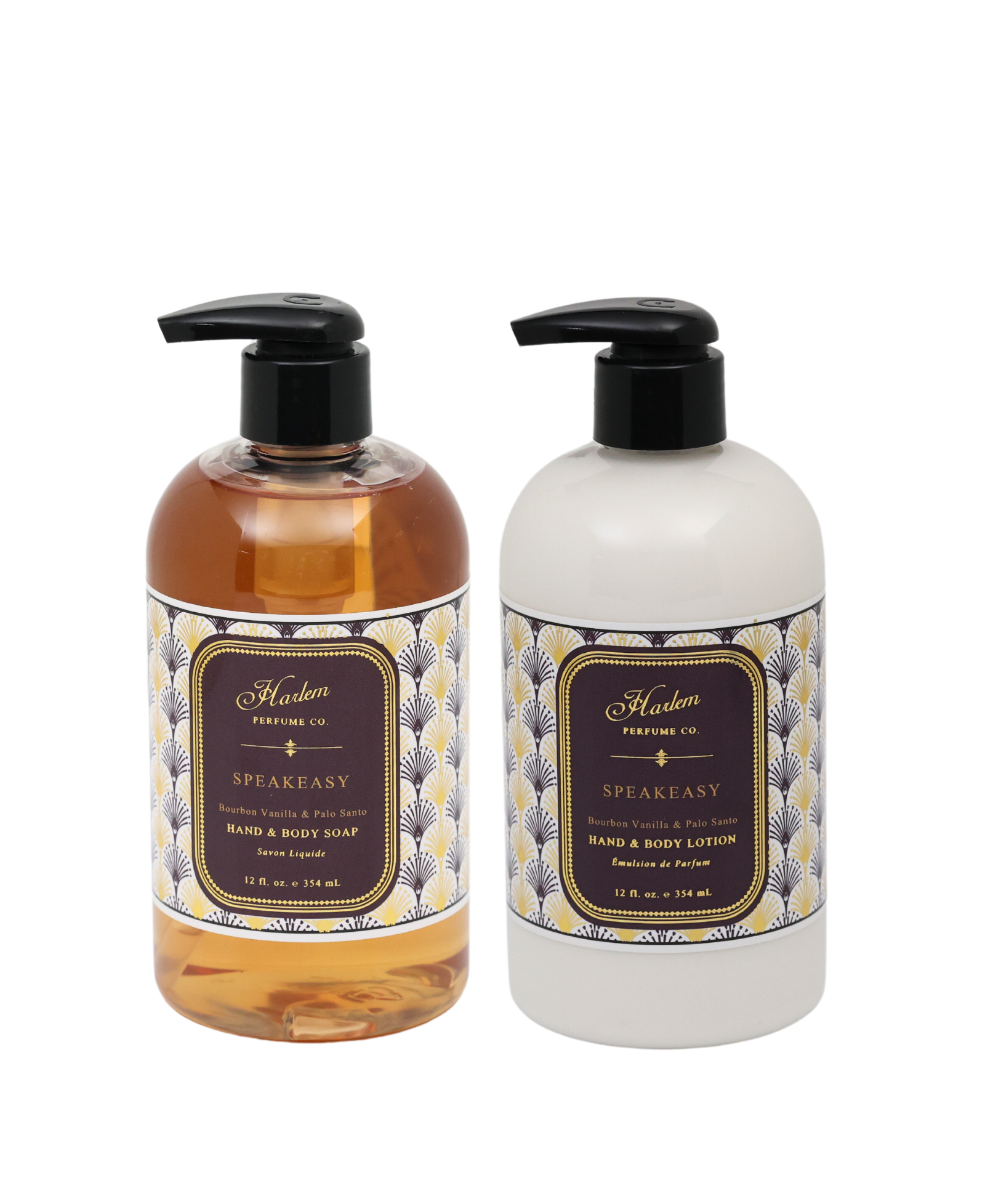 This is an image of our Speakeasy Soap and Lotion in a clear PET plastic bottle with decorative labels with a wrap around Art Deco pattern.