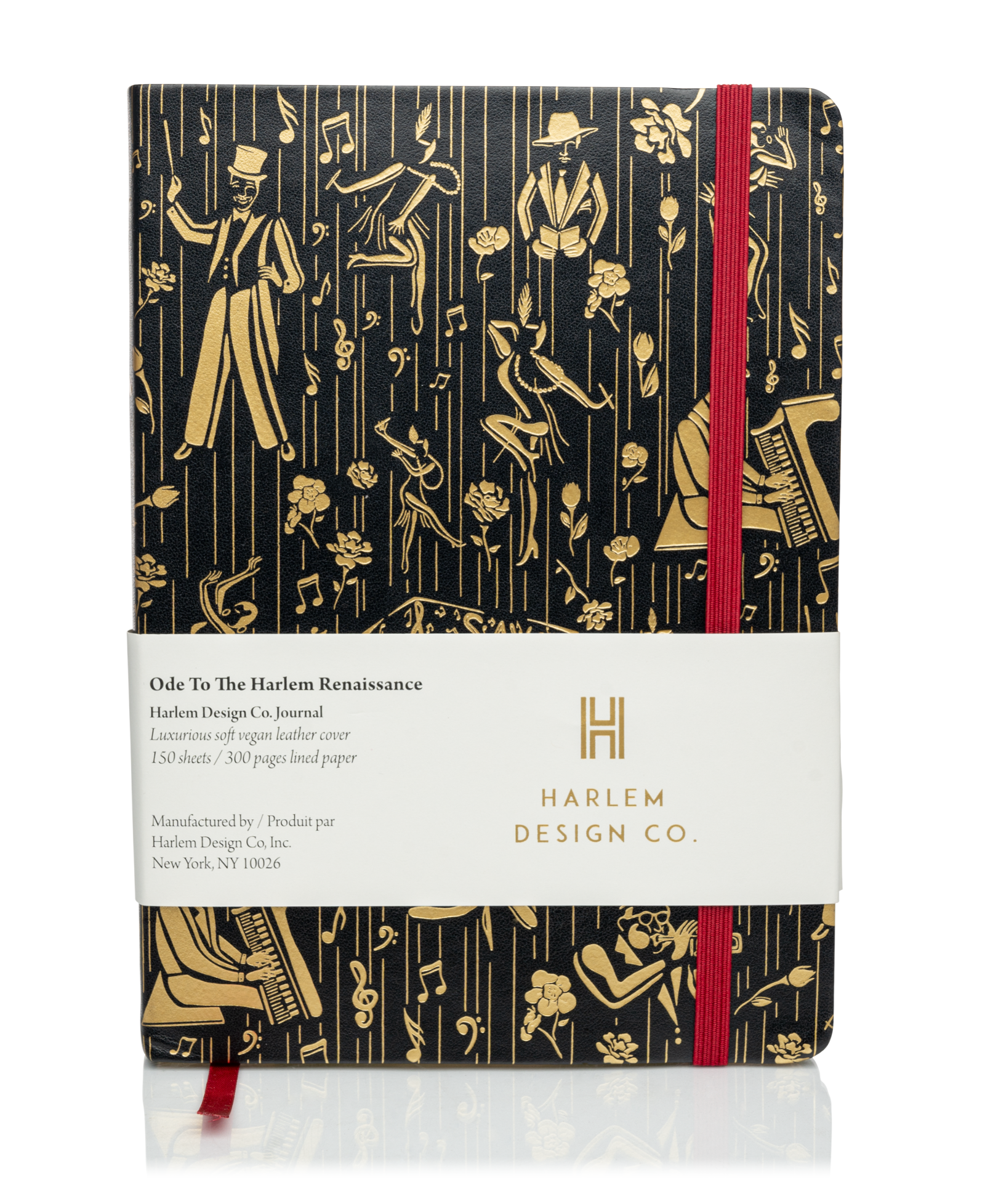 This is a product image of the Harlem Design Co Renaissance journal in Black and Gold.  This image has the product information sleeve on the outside.