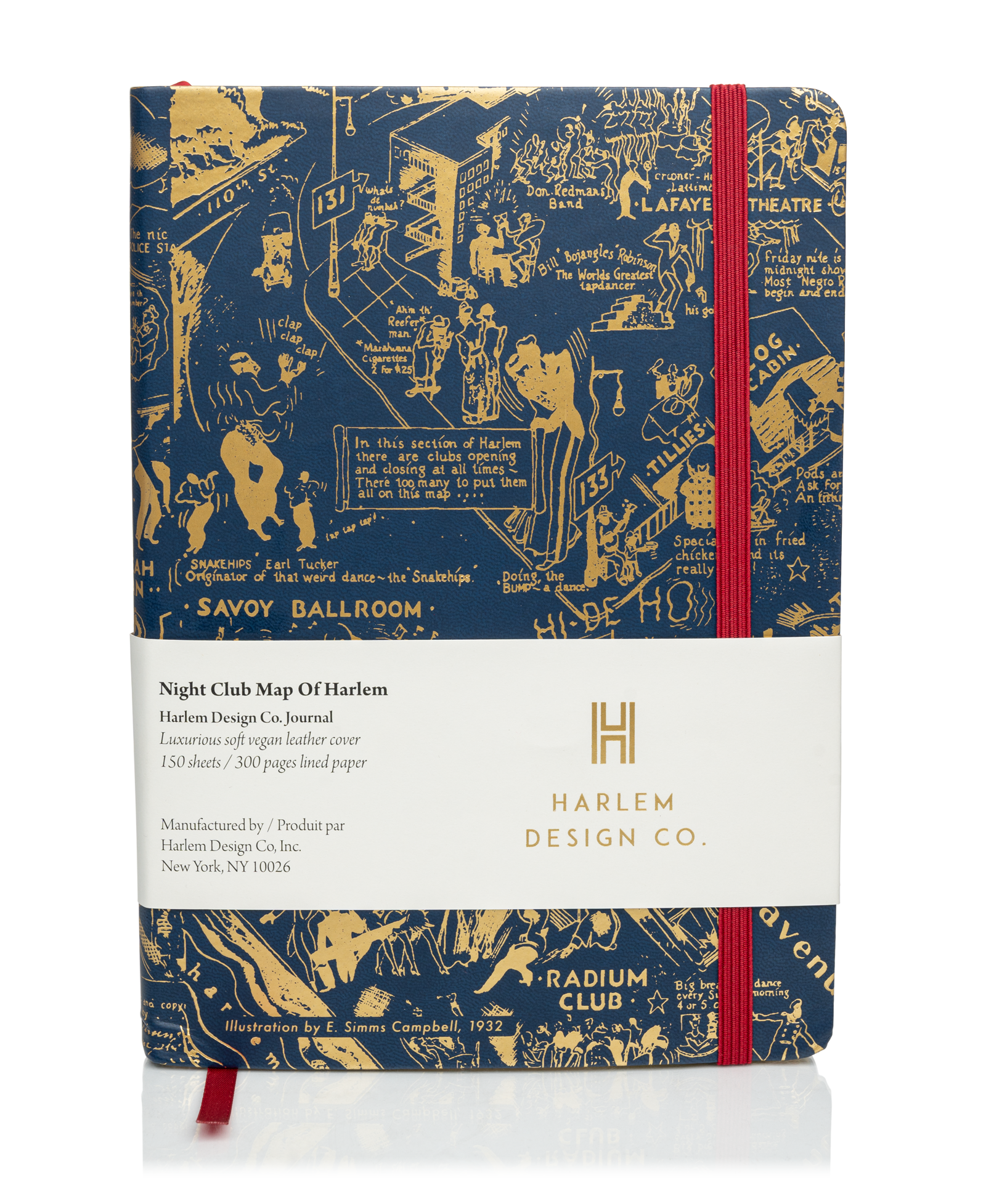 This is a product image of the Harlem Design Co “A Nightclub Map of Harlem” journal in Blue and Gold.  This image has the product information sleeve on the outside.