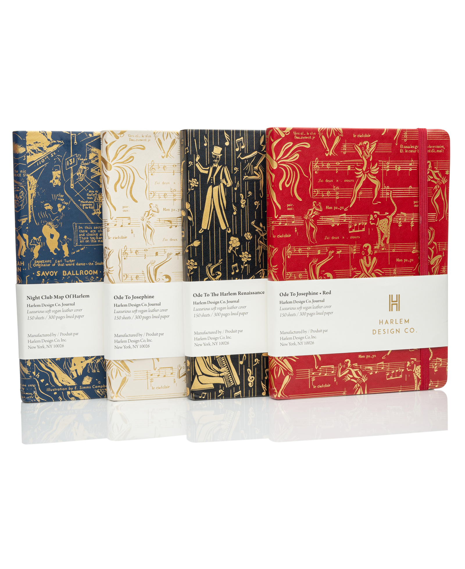 This is a group shot of all four of the Harlem Renaissance inspired journals. The white sleeve with product information is on each of these journals.