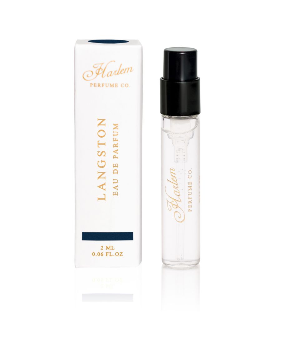 This is an image of our Langston 2ml perfume sample pictured next to it's decorative box on a white background
