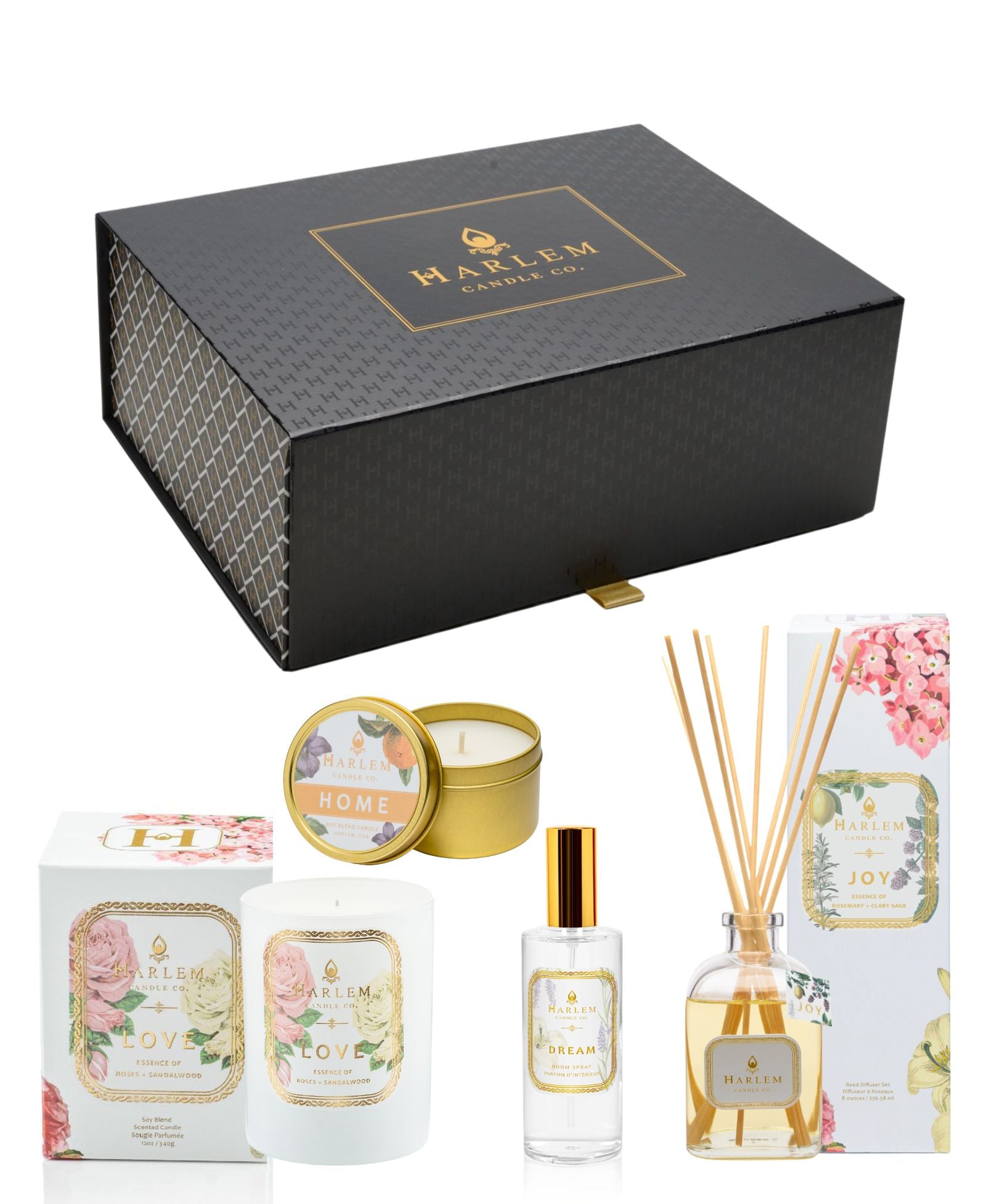 This is an image of our Ultimate Mother's Day Gift Box which includes the 11 oz Love candle, the Home travel candle, the Dream room spray and the Joy reed diffuser.  It come packaged in our luxury gift box.
