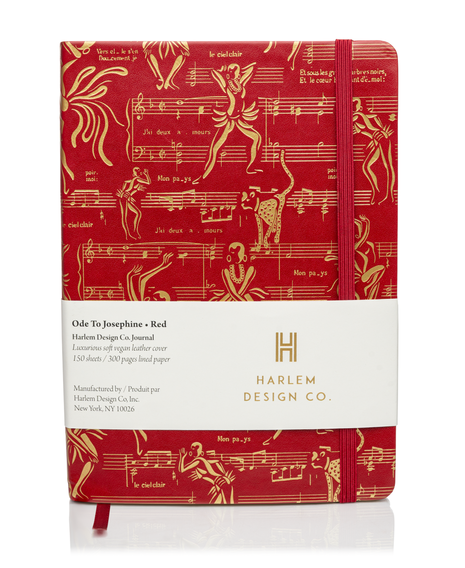 This is a product image of the Harlem Design Co Josephine journal in Red and Gold.  This image has the product information sleeve on the outside.