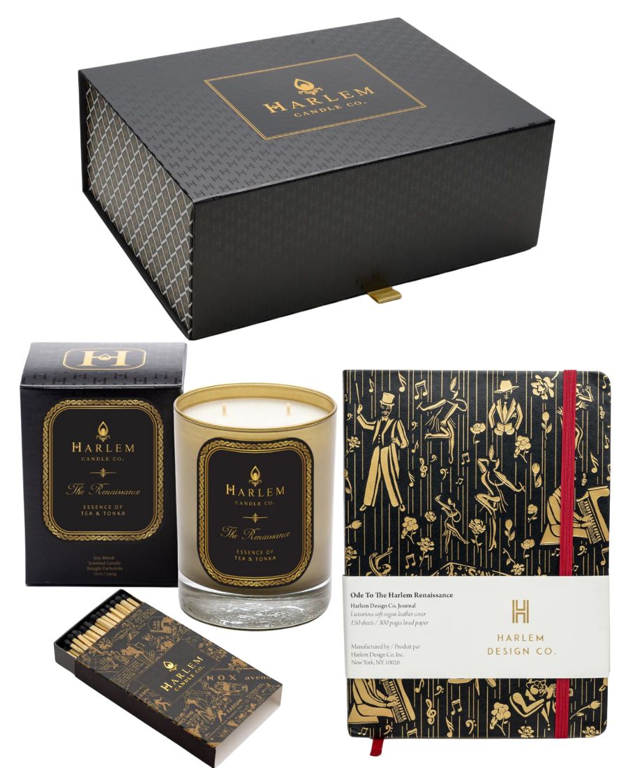 This is an image of our Renaissance Stories gift box that includes the Renaissance candle, the black and gold Renaissance journal and our Black and Gold nightclub Map of Harlem matches.