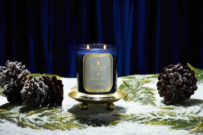 This is an image of our riverside snow candle in a lifestyle setting. There was a blue velvet curtain in the background, with pinecones and pine leaves, covered in snow surrounding the candle.