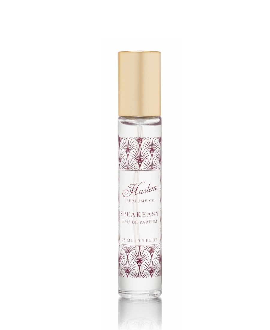 15 ml SPeakeasy glass perfume bottle with burgundy artwork. 