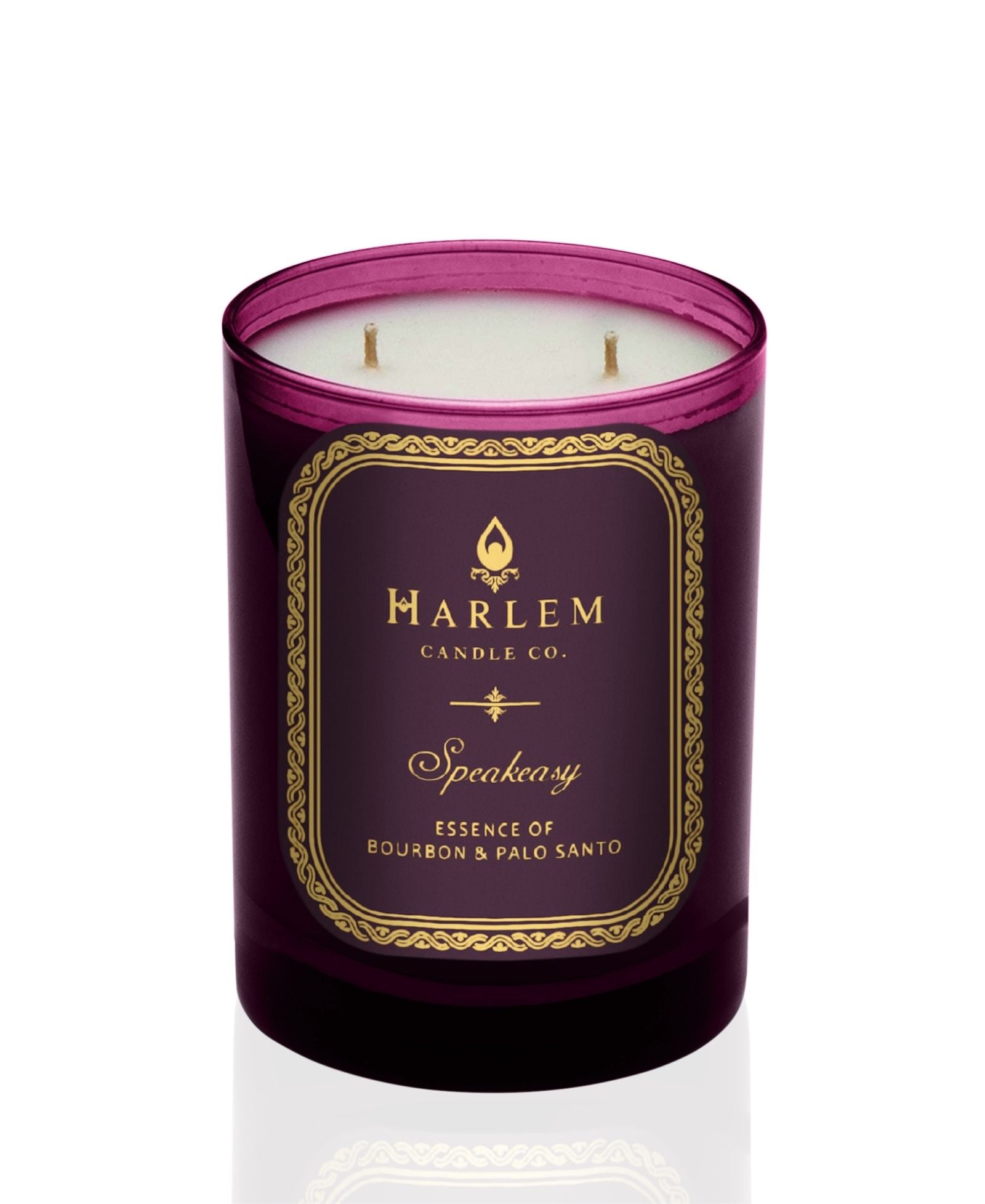 Burgundy 11 oz Speakeasy candle with gold and burgundy label/. This candle has 2 wicks.
