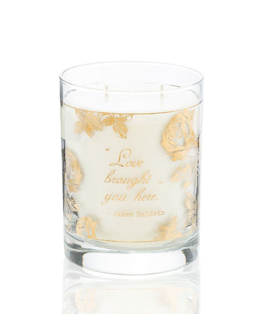22K Gold Cocktail Glass  Love candle.  It says "Love Brought You Here" - James Baldwin