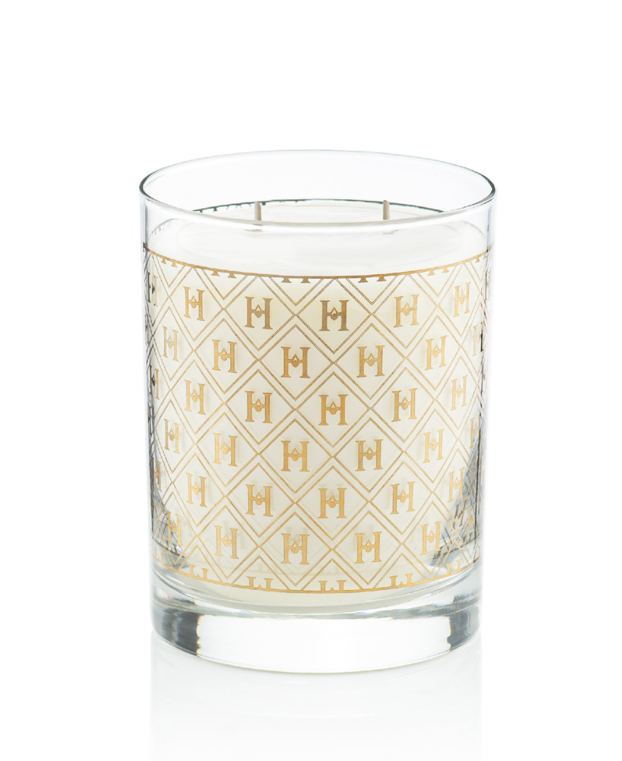 Our stunning 11 oz 22k Cocktail Glass Luxury Speakeasy Candle with the 22K Gold H pattern on clear glass on a white background.