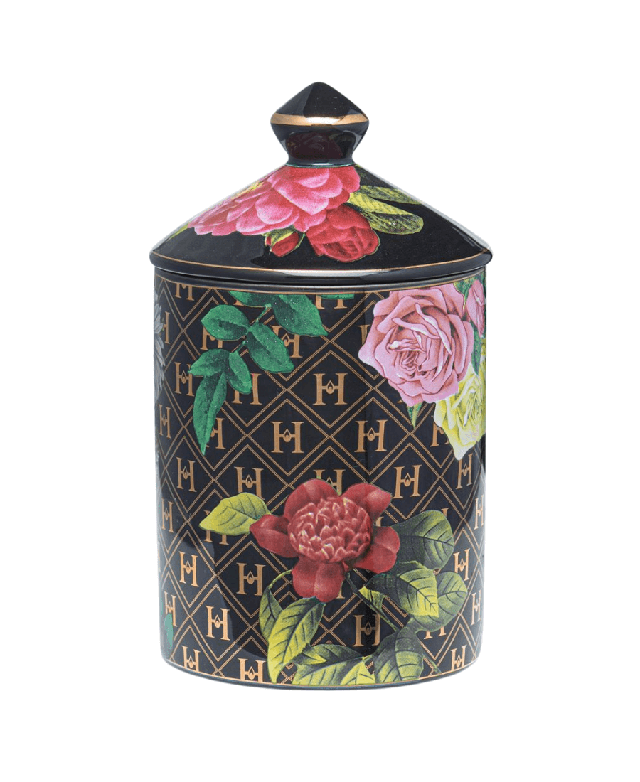This “Love” by James Baldwin Ceramic Luxury Candle has our H pattern in 22K gold along with an art deco floral pattern on a black background.  