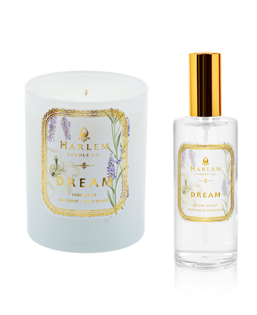 This is an image of our Dream Candle pictured next to our Dream room and linen spray