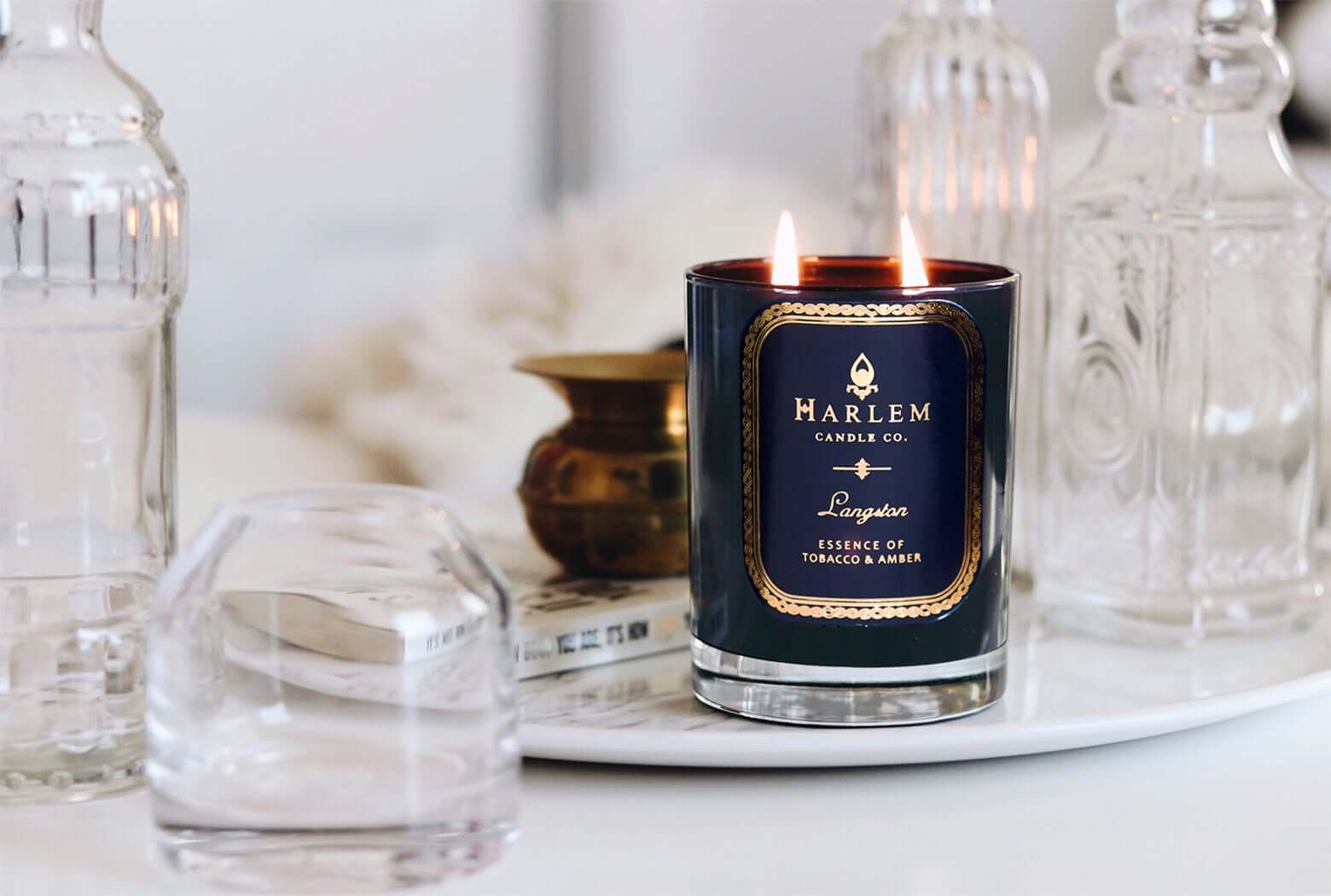 This photo is of our Langston Luxury Candle. Scented with jasmine, cade and vanilla.