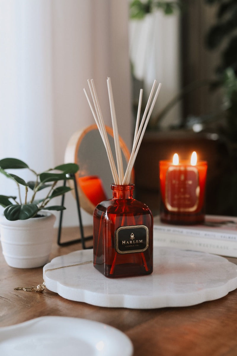 Our 8 fluid oz. Josephine Reed Diffuser with reeds, in a red glass vessel sitting next to its decorative box on a wooden table, next to a plant and a Josephine candle in the background.