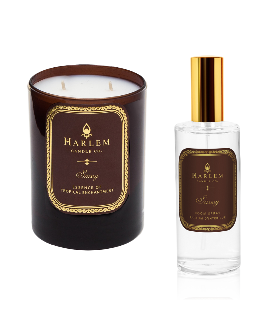 This is an image of our Savoy candle pictured next to our Savoy Room Spray