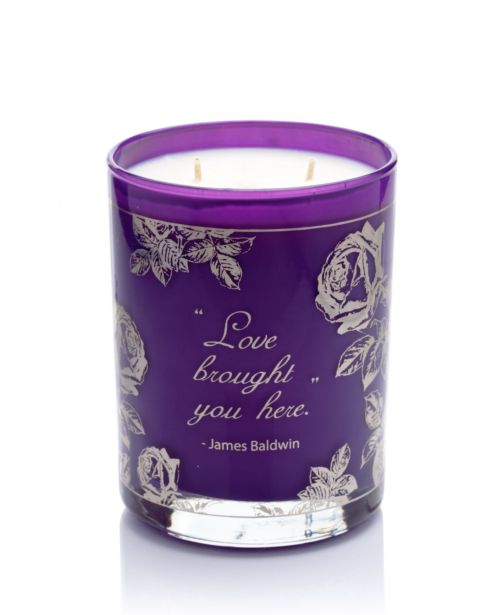 Limited edition purple and silver Love candle.  It says "Love Brought You Here" - James Baldwin